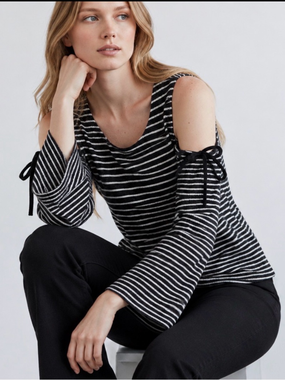 CeCe Black and White Striped Cold-Shoulder Knit Top